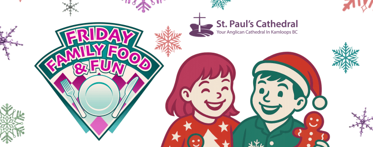Friday Family food and fun advertisement shows logo, snowflakes and two children holding gingerbread men.